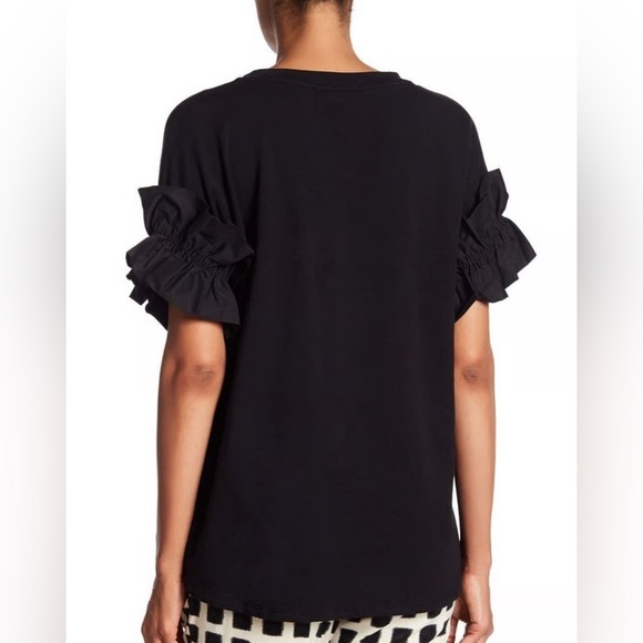 RO & DE XS Black SOFT Stretchy Crew Neck Ruffled Sleeve Smile Hem Hi Lo MADE USA - Picture 2 of 11